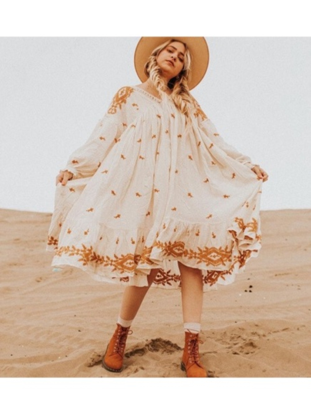 NWT Free People Lavender Fields Embroidered Midi Dress - White Yellow Gold